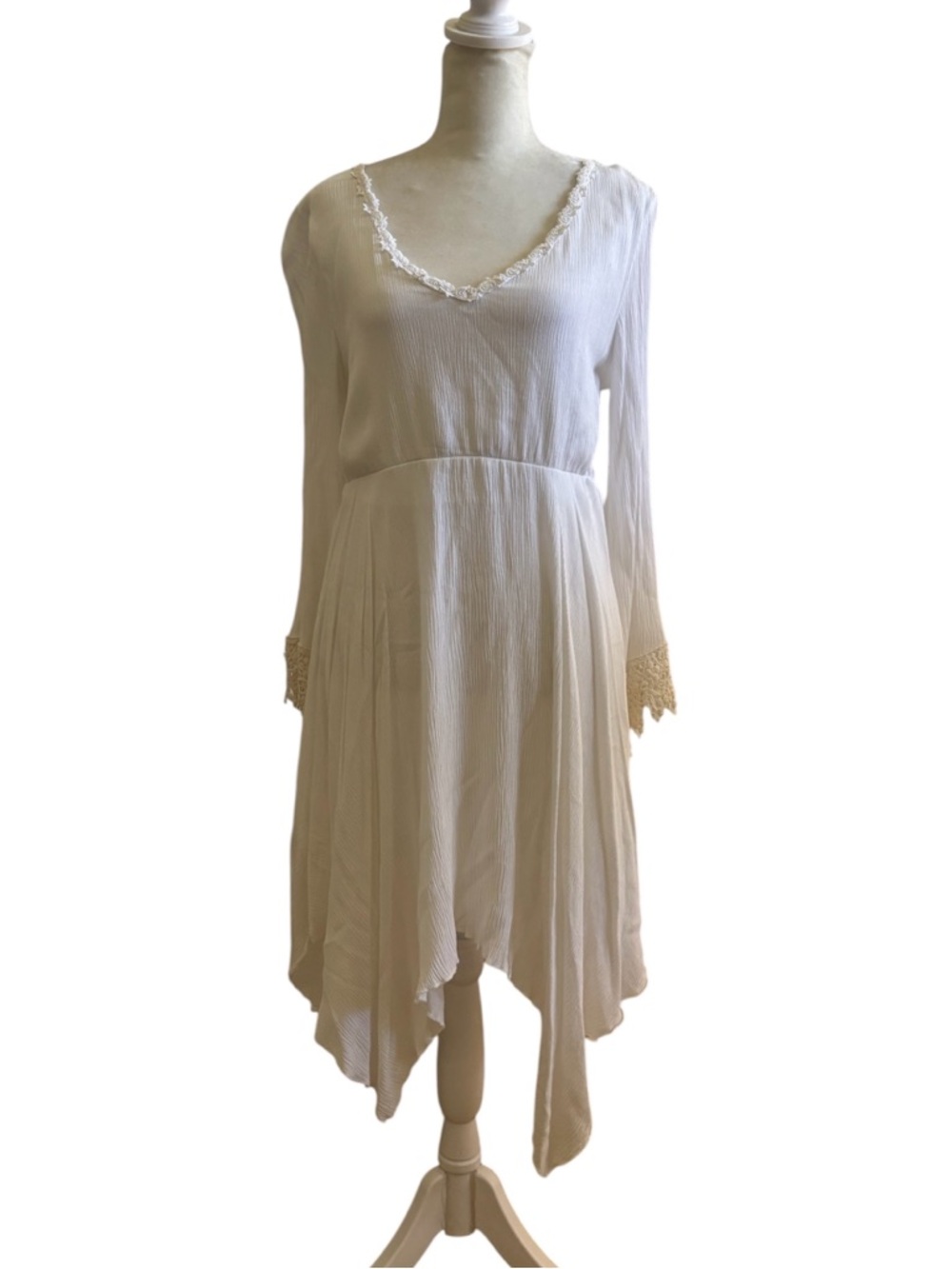 Boho White Lace-Trim High Low Long Sleeve Midi Dress Size L